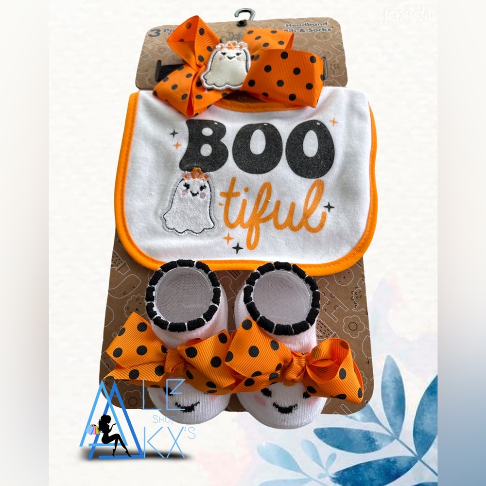 baby Halloween bib, headband, and socks set with a "BOO-tiful" ghost theme.